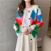 Design Women Winter Sweater Coat Crew Collar Ladies Loose Knit Cardigan Outwear Plaid Color Block