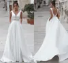 V-neck A-line Sequin Belt White Satin Simple Style Wedding Dress with Pocket Button Down Bridal Gown robe de mariee boheme vestido noiva curto