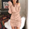 Autumn Sexy Long-sleeved Solid Color Party Elegant Streetwear Knitted Puff Sleeve Twill Neck Satin Pleated Sexy Mini Dress 210422