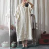 Johnature Women Cotton Linen Vintage Dresses O-Neck Bat Sleeve Robes Summer Button Plus Size Female Clothing Dresses 210521