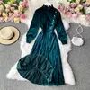 Günlük Elbiseler Uzun Kollu Kadife Elbise Sonbahar Kış Fransız Stil Vintage Standı Yaka Kadınlar Yüksek Bel Büyük Salıncak Pileli