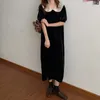 Women French Retro Solid Dress Velvet Loose Gentle Short Sleeves Elegant Long Chic Female Fashion Clothe 210525