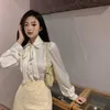 Blouse vrouwen bladerdeeg lange mouwen strikje turn-down kraag blusas femme lente koreaans elegant shirt 6F549 210603