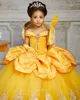 2022 Cristalli di pizzo giallo Flower Girl Dresses Bateau Balll Gown Little Girl Wedding economici Comunione Abiti da spettacolo WJY591