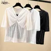 Laço de verão coreano tops mulheres sólida manga curta V-pescoço blusa blusas mujer de moda camisas casuais roupas 9421 50 210508