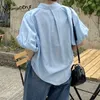 Yitimuceng Casual Blouse Vrouwen Oversized Shirts Koreaanse Mode Korte Puff Sleeve Office Lady White Blue Tops Summer 210601