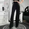 Gotiska kläder Striped Punk Sommarbyxor Kvinnor Svart Vintage Hollow Out Byxor Streetwear High Waist Wide Leg Sweatpants 210517