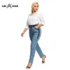 LIH HUA Women's Plus Size Casual Jeans High Flexibility Cotton Woven Thin Denim Trousers Softener with Elastic Waist 211129