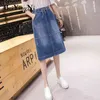 Vintage Denim Etek İpli Yüksek Elastik Bel Cepler Streetwear Midi Kot Etekler Kadın Büyük Boy Split Altları 210506