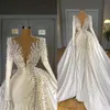 Sjöjungfrun långärmad kvällsklänningar med övervakirt v nacke satin lyxig pärlor festklänningar elegant klänning robes de mariée