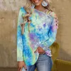 Tie-Dye imprimé T-shirt à l'épaule à manches longues Sexy Casual Lâche pour femmes Top Collier Slant Spring et Summer S-2XL 210623