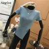 Neploe oネック半袖プルオーバーTシャツ女性サイドスプリットデザインスリムフィットソリッドツーズサマーレディーストップ全てのマッチ210510