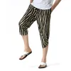 Vertical Striped Men's Harem Capri Cotton Linen Pants Summer Casual Lightweight Elastic Beach Boho 3/4 Short Pants with Pockets X0723