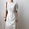 Vestido de cintura con manga abullonada y cuello redondo a la moda para mujer, vestidos largos elegantes elegantes de Color sólido que combinan con todo francés de verano para mujer 210520