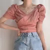 Vrouwen Rood Casual geplooide mini -blouse Nieuwe Vneck Korte Puff Sleeve Loose Fit Shirt Fashion Spring Summer 2F0635 210423