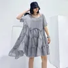 [EAM] Gray Chiffon Dress Two Pieces Suit Round Neck Short Sleeve Black Loose Women Fashion Spring Summer 1DD7979 21512