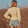 Lange mouwen strik blouse shirts met ruches lente herfst casual gele korte tops pelpum slanke top 210427
