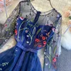 Kadınlar Moda Nakış Çiçek Yuvarlak Boyun Orta Kollu Yüksek Bel İnce Dikiş Örgü A-Line Elbise Zarif Vestidos R226 210527