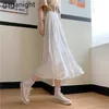 Black White Fashion Korean Ruffle Midi A-line Skirt Women Casual Spring Summer High Waist All-match Long Skirts Femme 210601