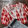 Korobov coreano doce laço patchwork peter pan colar blusas vintage manga curta verão camisas xadrez moda chique blusas mujer 210430