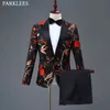 Rouge Floral Bronzage Hommes Costume Ensemble Costumes De Mariage pour Hommes Costume De Scène De Danse Hommes Costumes Avec Pantalon De Mode Robe Costume Hommes Tuxedo 210524