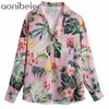 Tropical Print Casual Holiday Beach Tops Summer Fashion V Neck Button Front Drop Shoulder Women Loose Blouses Female 210604