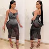 النساء اللباس مثير نادي حزب نمط الصيف السباغيتي حزام bodycon الأزياء فساتين طويلة منظور خياطة شبكة