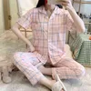 CAIYIER Classic Plaid Pyjamas Set Summer Femmes Vêtements de nuit à manches courtes Corée Minimaliste Loose Sleepwear Homewear Costume 210831