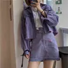 Höst Winter Purple Denim Tracksuit 2 Piece Passar Chic Jeans Jacka Coat och Sexy A-Line Kjolar Kvinnors uppsättningar 210428