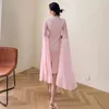 Pink Patchwork Dress For Women O Neck Long Sleeve High Waist Slim Midi Dresses Female Fashion Clothing Summer 210520
