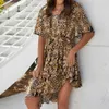 Jocoo Jolee Europe Style Leopard Print A-Line Dress Summer Vintage Kort ärm Oregelbunden kort klänning Holiday Beach Party Dress 210619