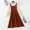 Autumn Winter Knit Long Dress Women Elegant Ruffle collar Slim A-line Sweater Dresses Double breasted Office Lady Casual Dress 210521