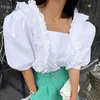 Chic Bubble Krótki Rękaw Square Collar Crochet Potargowany Koszula Kobiety Vintage Luźne Biała Bluzka Kobiet Koreański Lato Topy 14319 210512