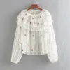 Autumn Sweet Floral Embroidery Ruffles Tops Women Blouses Long Sleeve See Through Sexy Shirts Blusas Mujer 6 Color 210430