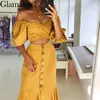 Glamaker Off shoulder red mermaid sexy dress Elegant short puff sleeve crop midi summer dress Sexy party bandage long dress 2020 L237K