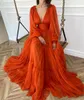 2021 Sexy Deep V Neck Orange Tulle Prom Dresses A Line Empire Puffy Long Sleeves Ruched Evening Party Gowns With Zipper Back Sheer5502543