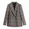 Streetwear Frauen Grau Plaid Jacke Mode Vintage Damen Zweireiher Blazer Kausal Weibliche Chic Tasche Lange Anzüge 210430