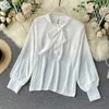 Höst Kvinnors Långärmad T-shirt Chiffon Pure Vit Mångsidig Ryggsäck Byxor Fashionable Two-Piece Set Office Attire 210727