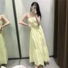 Vestidos mulher verão amarelo deslizamento longos mulheres sem encosto ruched beach midi plissado casual mulheres 210519