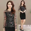 long sleeve shirts women summer Office Lady Floral print O-Neck plus size tops 2025 50 210506