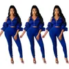 Solid Blue Sexy Fitness Wear Track Pak Vrouw Twee Stuk Outfits Off Shoulder Rits Korte Jas Hoge Taille Broek Party Clubwear 210525