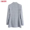 Tangada Women Winter Office Lady Blue Tweed Thick Blazer Coat Vintage Double Breasted Female Outerwear BE579 211122