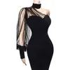 Svart En Axelklänning Långärmad Mesh Patchwork Bodycon Evening Party Transparent Kvinnor Tillfälle Händelse Baklösa Klänningar XXL 210527