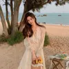 V-neck Elegant Sweet Dress Women Long Sleeve Chiffon Floral Party Beach for Females Korean Style Summer Chic 210429