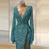 2022 Blue Glitter Pailletten Mermaid Prom Dresses Lange Mouwen Sexy Diepe V-hals Voorste Slit Party Nacht Vestidos de Novia Afrikaanse Formele Avondjurken Plus Size Vog343