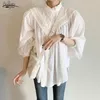 Autumn Elegant Lantern Sleeve Women Blouse Office Lady Single Breasted Shirts Solid Plus Size Female Clothing 12040 210508