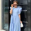 Chic Kadın Elbise Yaz Kore Tarzı Ins Nazik O-Boyun Fırfır Dikiş Büyük Hem Gevşek Uçan Kollu Kadın Uzun Elbise 210527