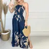 Kvinnor Mode Elegant Ärmlös Partywear Jumpsuits Overaller Formell Party Romper Print Halter Slit Wide-Legs Party Jumpsuit 210716