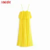 Tangada kvinnor vintage gul ruffles jumpsuit spaghetti rem ärmlös rompers damer sommar casual chic jumpsuits 3h575 210609
