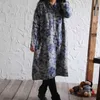 Johnature Autumn Cotton Linen Loose Dress Long Sleeve Plus Size Casual Vintage Print V-neck Pockets Women Dresses 210521